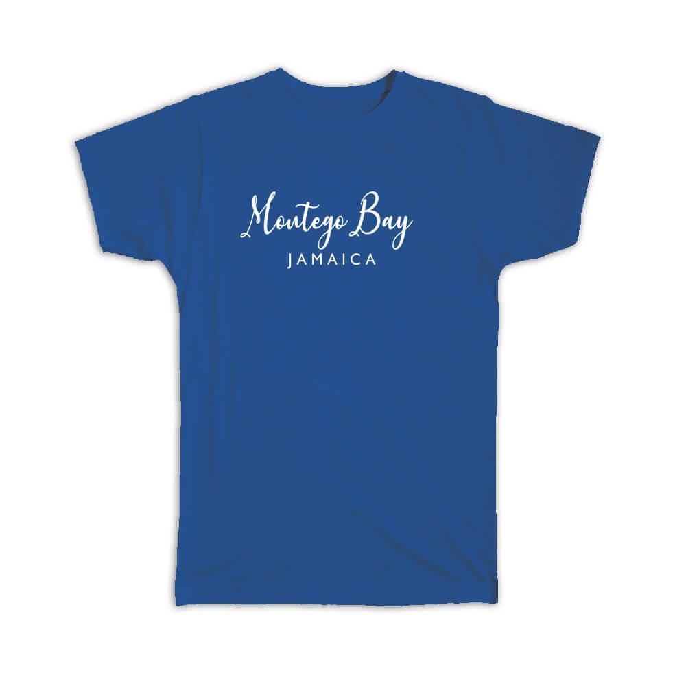 Gift T-Shirt : Montego Bay Cursive Typography Jamaica Tropical Beach Travel