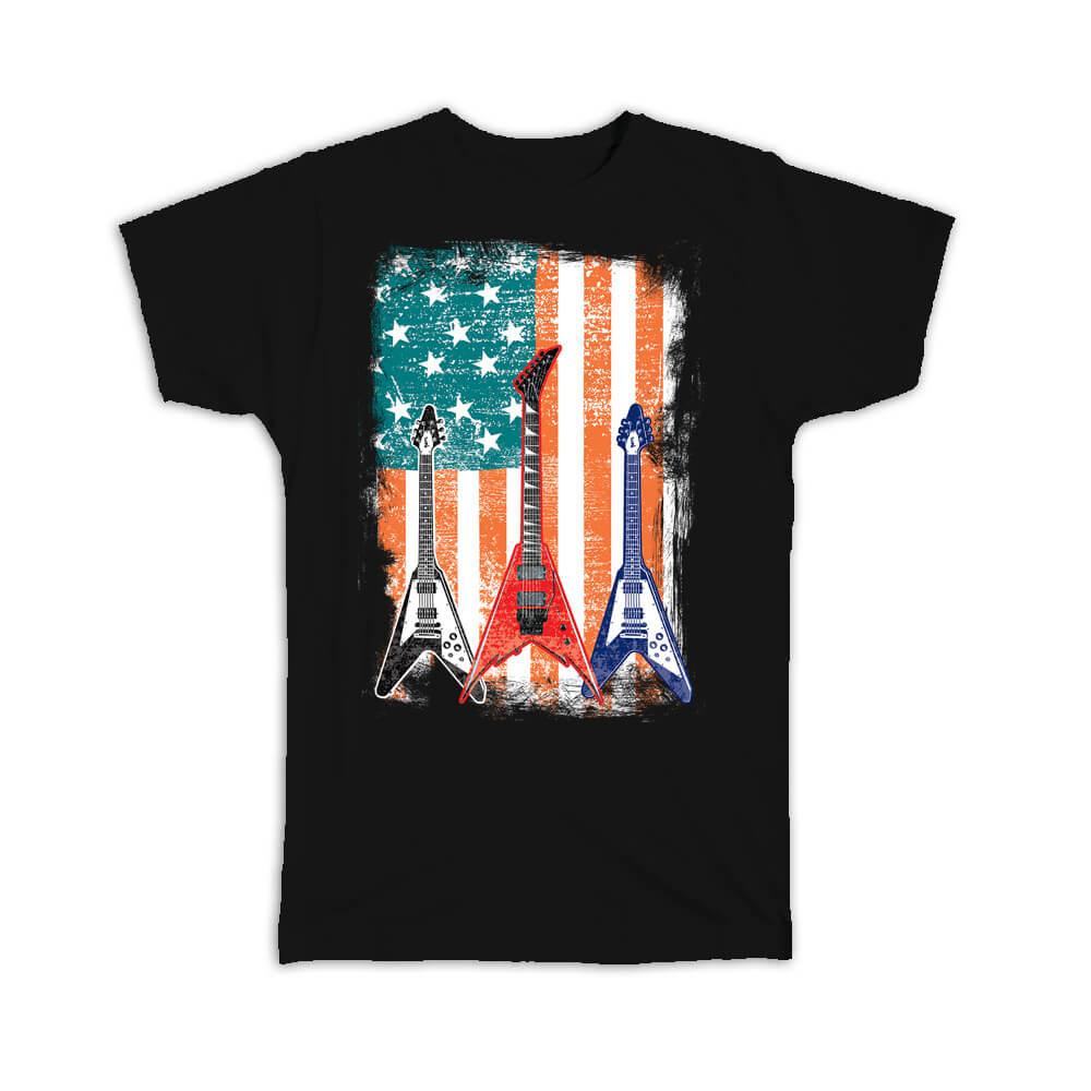 Gift T-Shirt : Rockers Guitars Music Art Print USA Flag American Wall Decor
